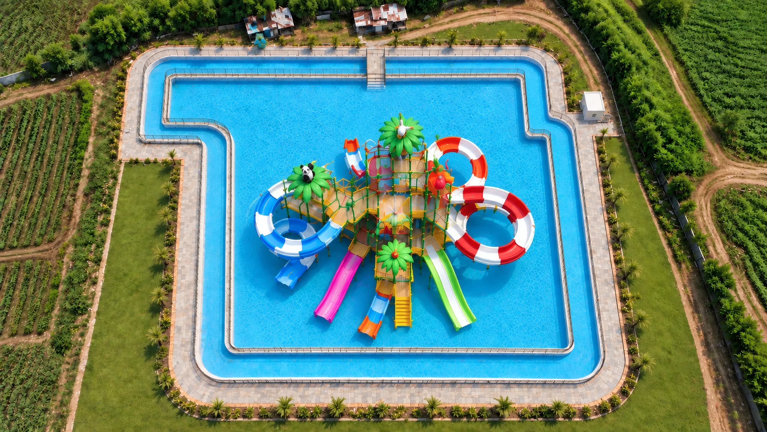 The ring pool from above: the channel round the central pool and the slide play frame