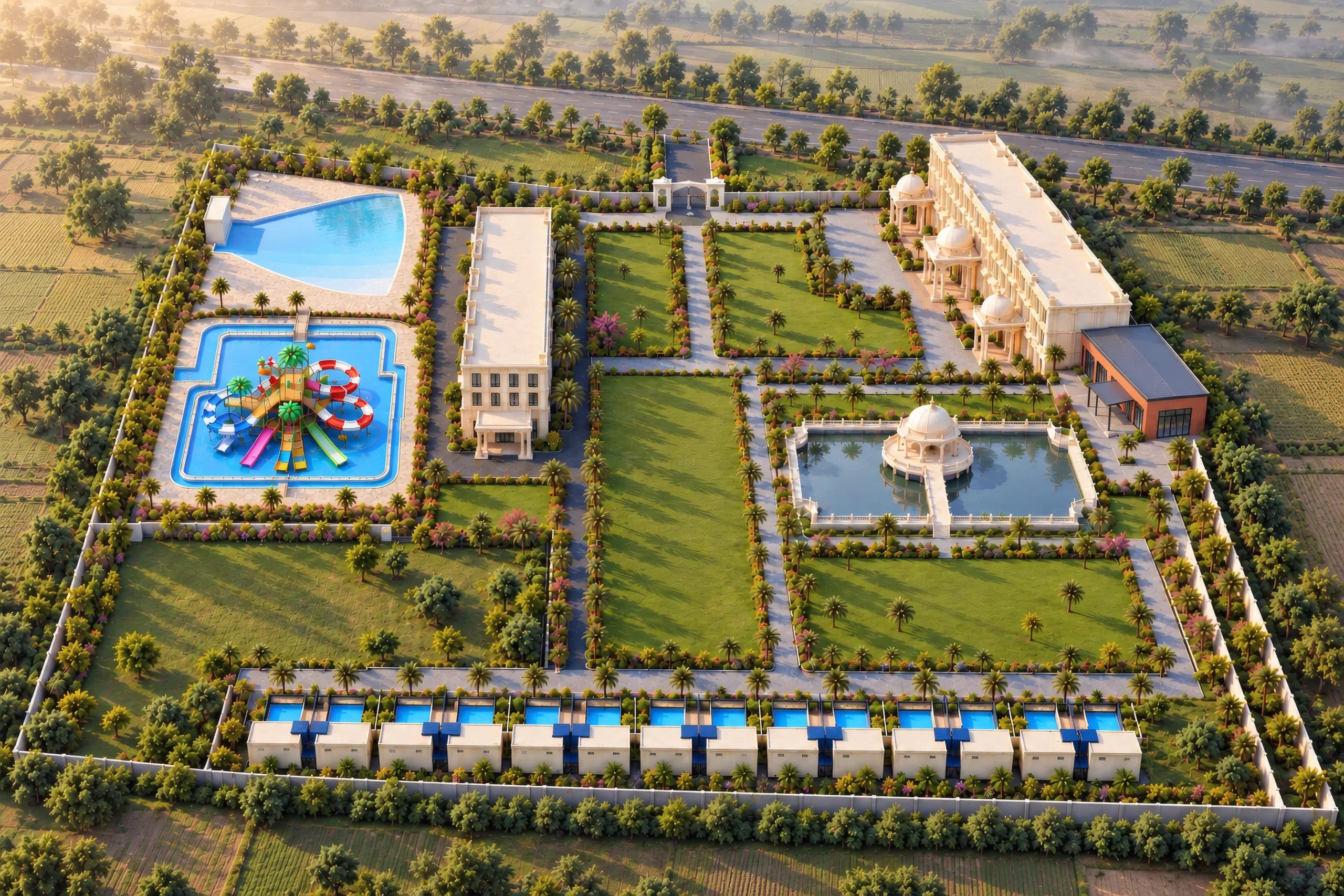 The whole estate from above in the morning: the water park, the hotel, the lawns, the pond with its mandap, the Banquet Hall, the cafe and the row of 14 villas