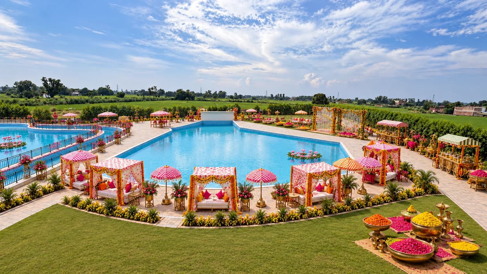 Holi by the water park pool on a bright day: canopied day beds, parasols, and brass bowls heaped with coloured powder on the lawn