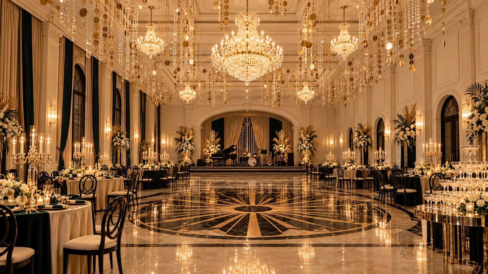 New Year's Eve in the Banquet Hall: chandeliers and hanging gold lights over laid tables and a patterned marble dance floor