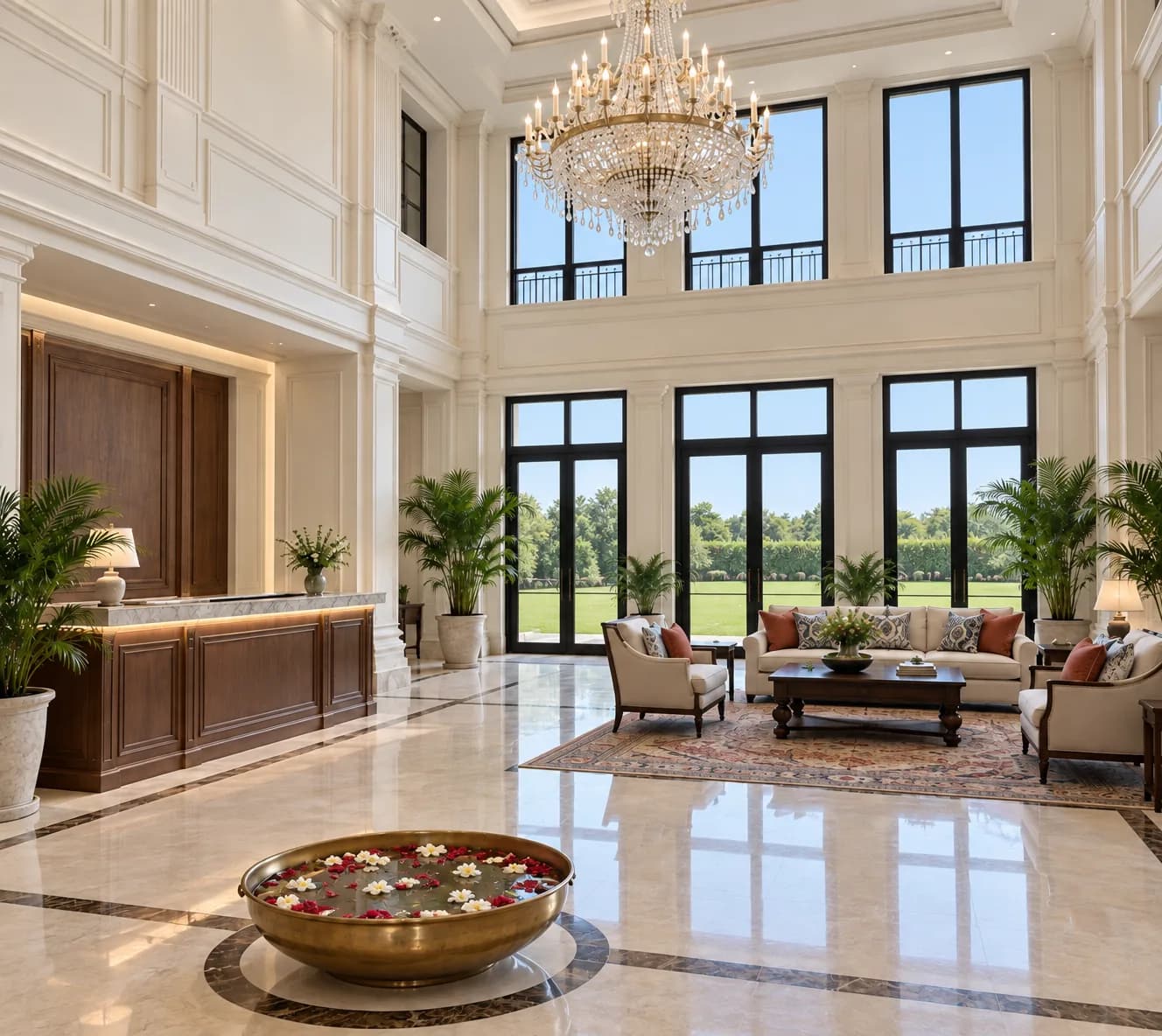 The hotel lobby: a double-height room with tall windows, a crystal chandelier, a marble floor and a brass urli of flowers