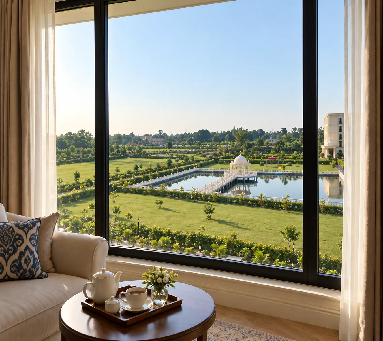 From a hotel room window: the lawns, the pond and its white mandap far below, a tea tray on a round table inside