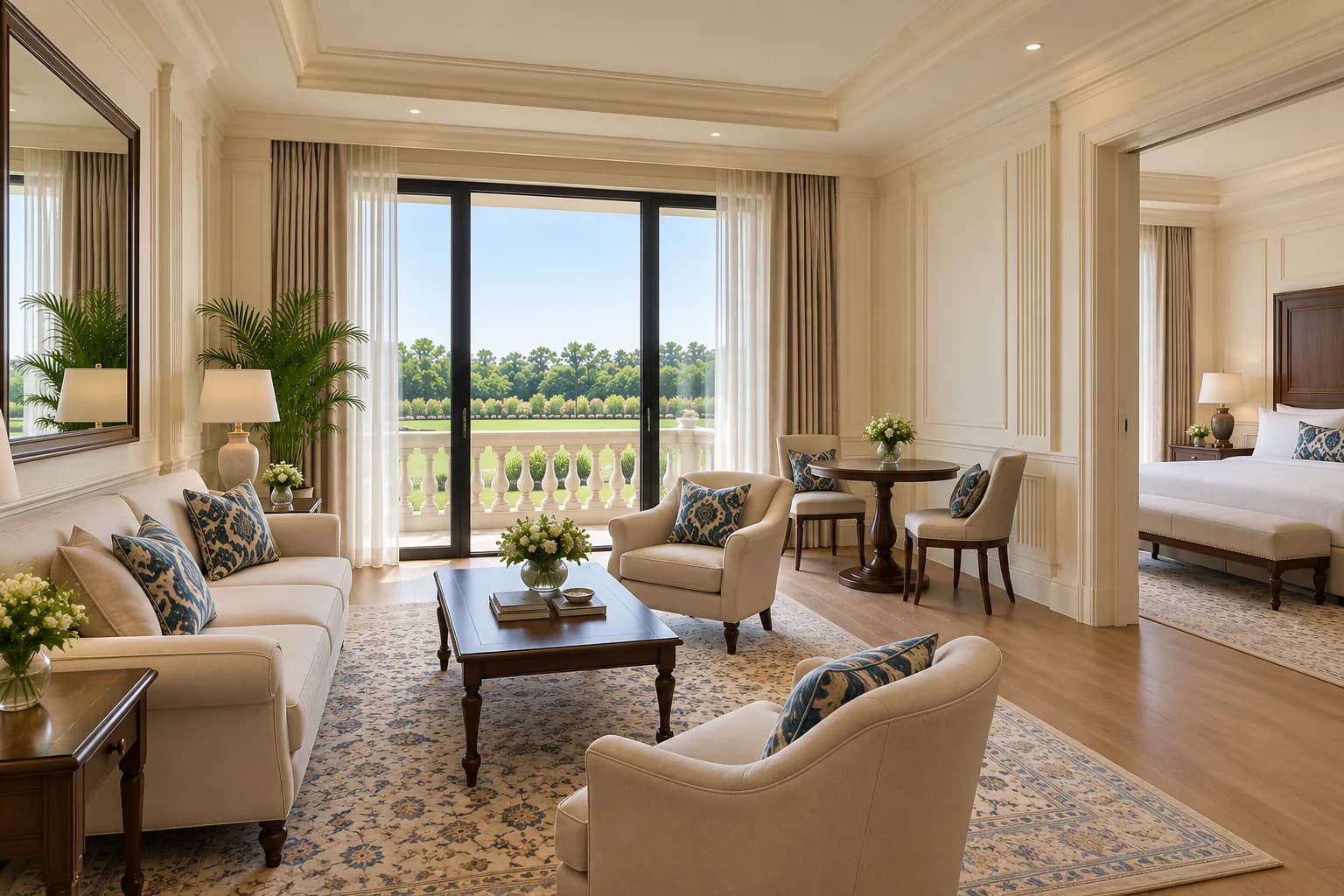A hotel sitting room with sofas and armchairs round a low table, a balcony door onto the lawn and a bedroom beyond