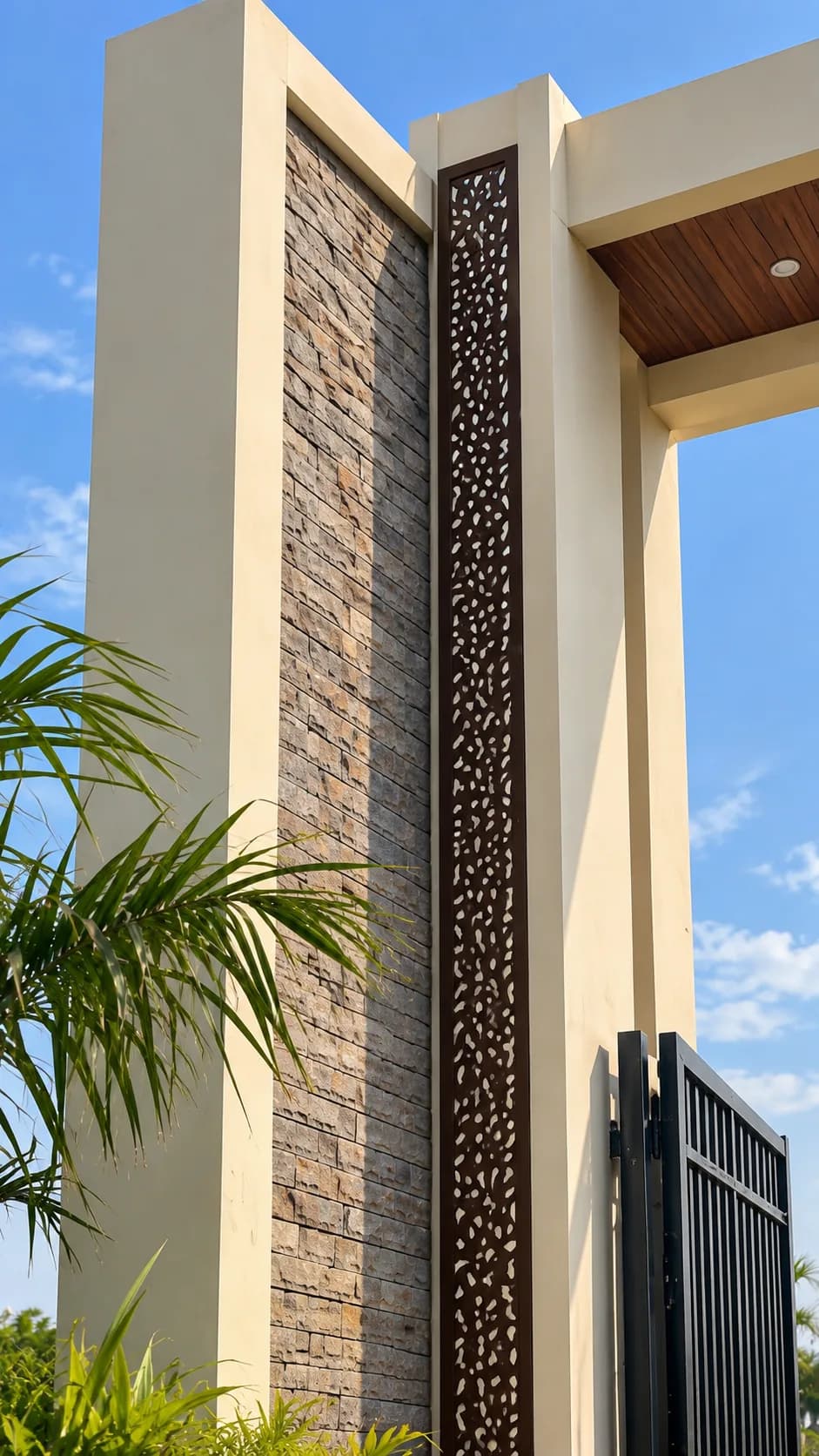 A stone gate pier with a tall pierced jaali screen in dark metal, a palm and the open gate below