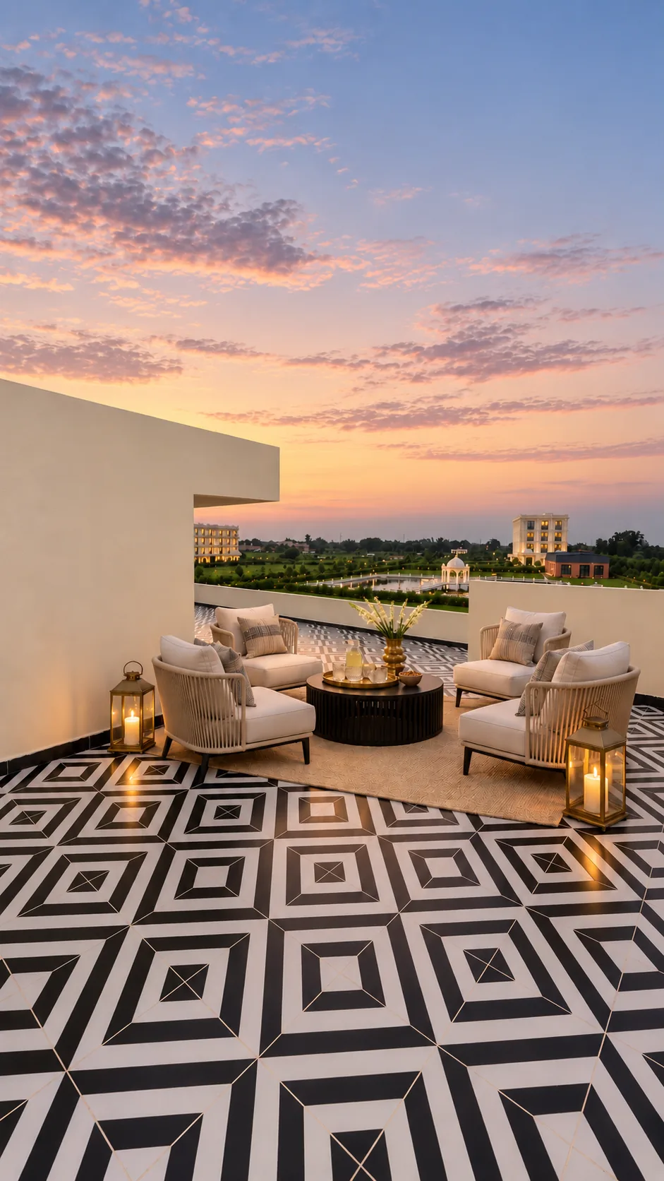 A villa roof terrace at sunset: armchairs round a low table, lanterns, and the black and white tiled floor, the estate beyond